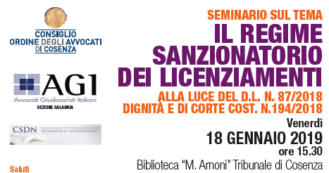 Seminario: IL REGIME SANZIONATORIO DEI LICENZIAMENTI ALLA LUCE DEL D.L. N. 87/2018 DIGNITÀ E DI CORTE COST. N.194/2018